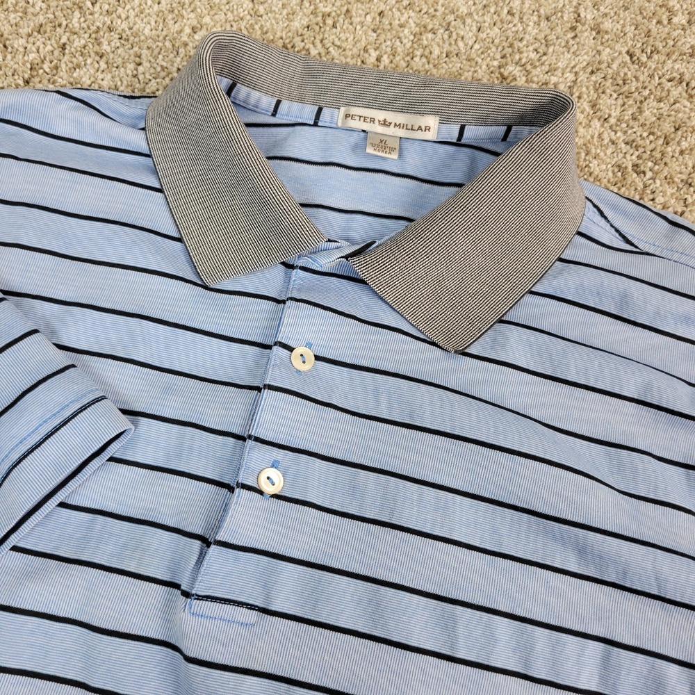 Peter Millar Mens XL Blue‎ Striped Stretch Knit Short Sleeve Polo
